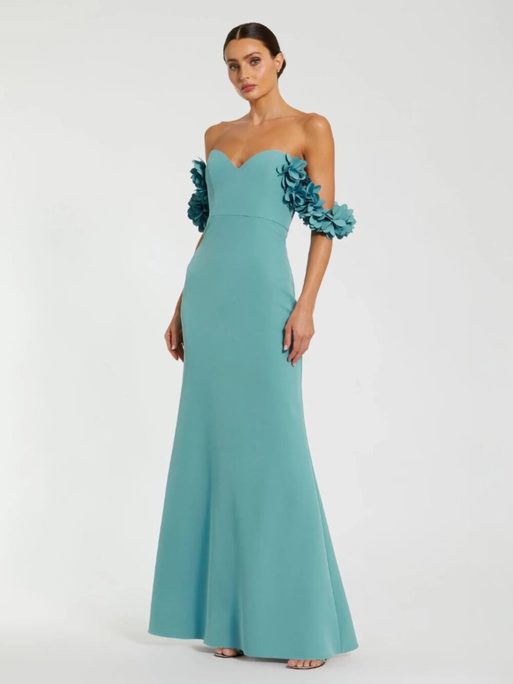 Mac Duggal 56131 Crepe Off The Shoulder 3D Flowers Gown Size 6 NWT Color-Teal